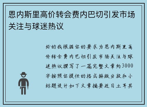 恩内斯里高价转会费内巴切引发市场关注与球迷热议